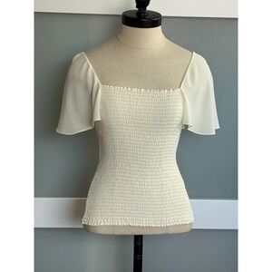 Theory Smocked Flutter Sleeve Smocked Top Ivory Top Petite XS